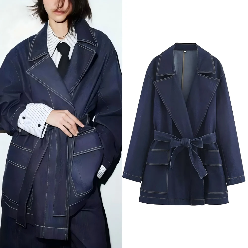 

Women's new fashion with Belt loose versatile Lapel denim Windbreaker coat retro long sleeved pocket women's coat chic top