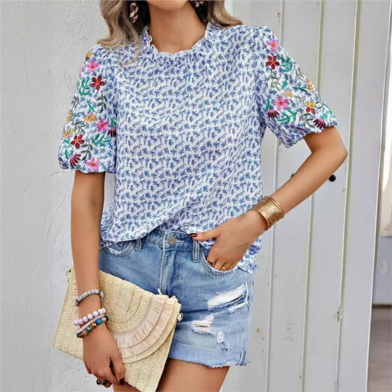 Floral Print Fashion Short Sleeve Loose Pullover T-Shirt Top Women's Summer Beach Versatile Personalized Design Color Block Top