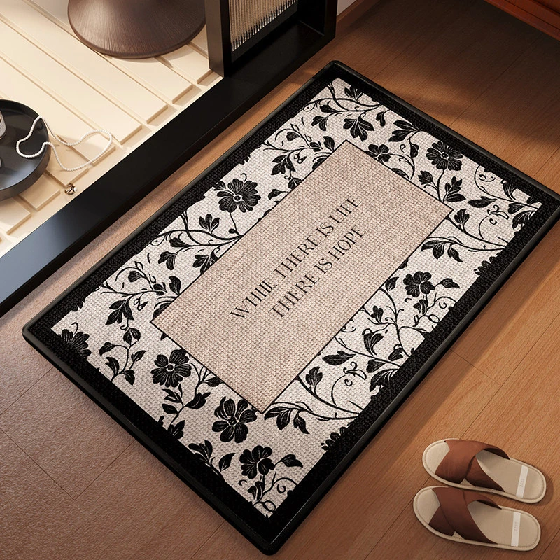 Retro French Style Doormat Black Floral Text Geometric Border Print Non‑Slip Floor Mat Front Door Entryway Porch Home Decor