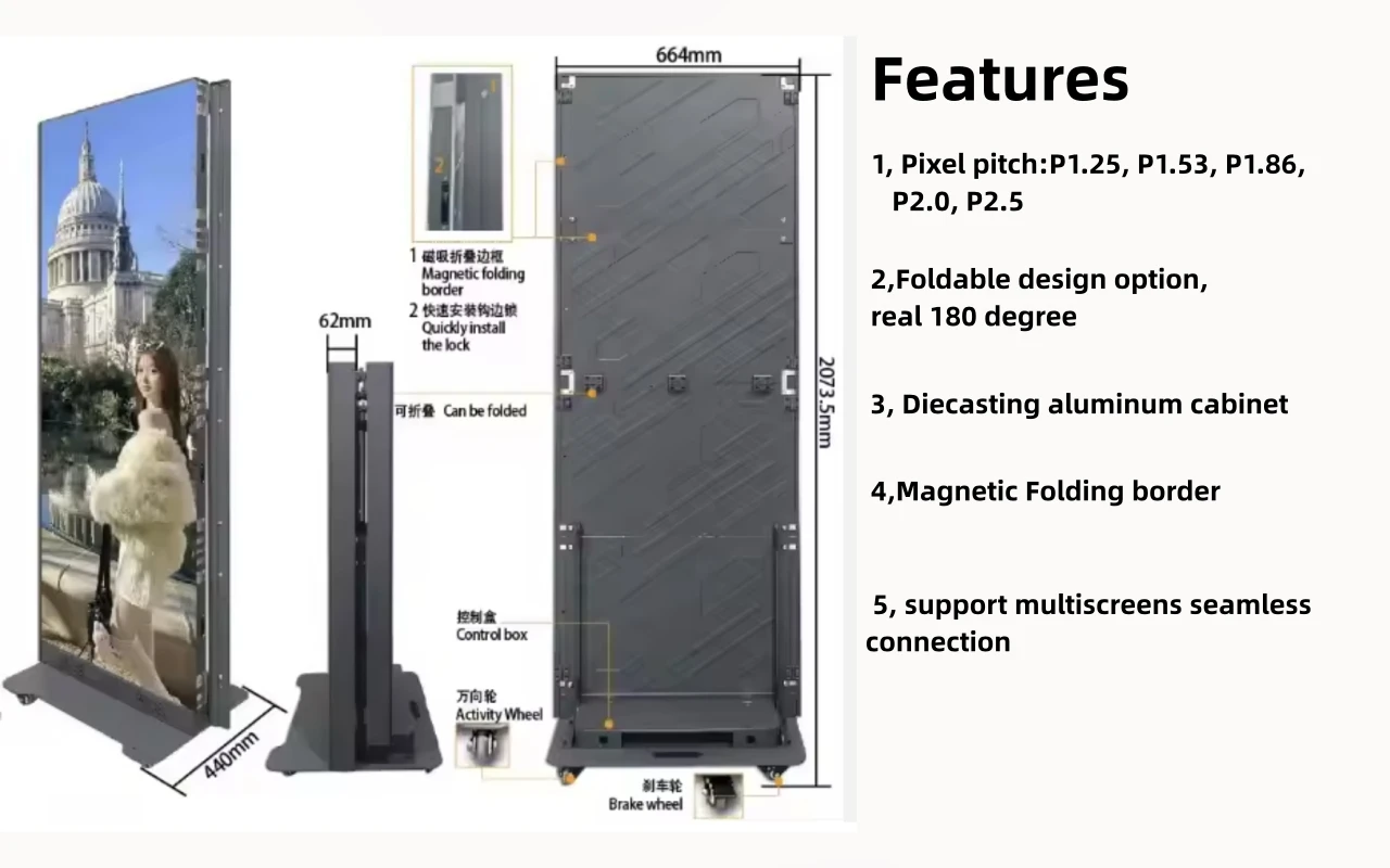 WIFI Control Floor Standing Indoor LED Foldable Poster Screen Digital Video Advertising Folding Poster Display Splicing view 2