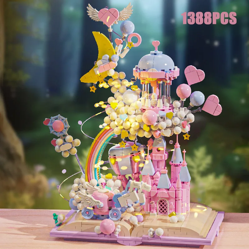 Creative 1388Pcs City Sky Pink Castle Story Book Model Building Blocks Moon With Lights Bricks Home Decoration Toys Childs Gift