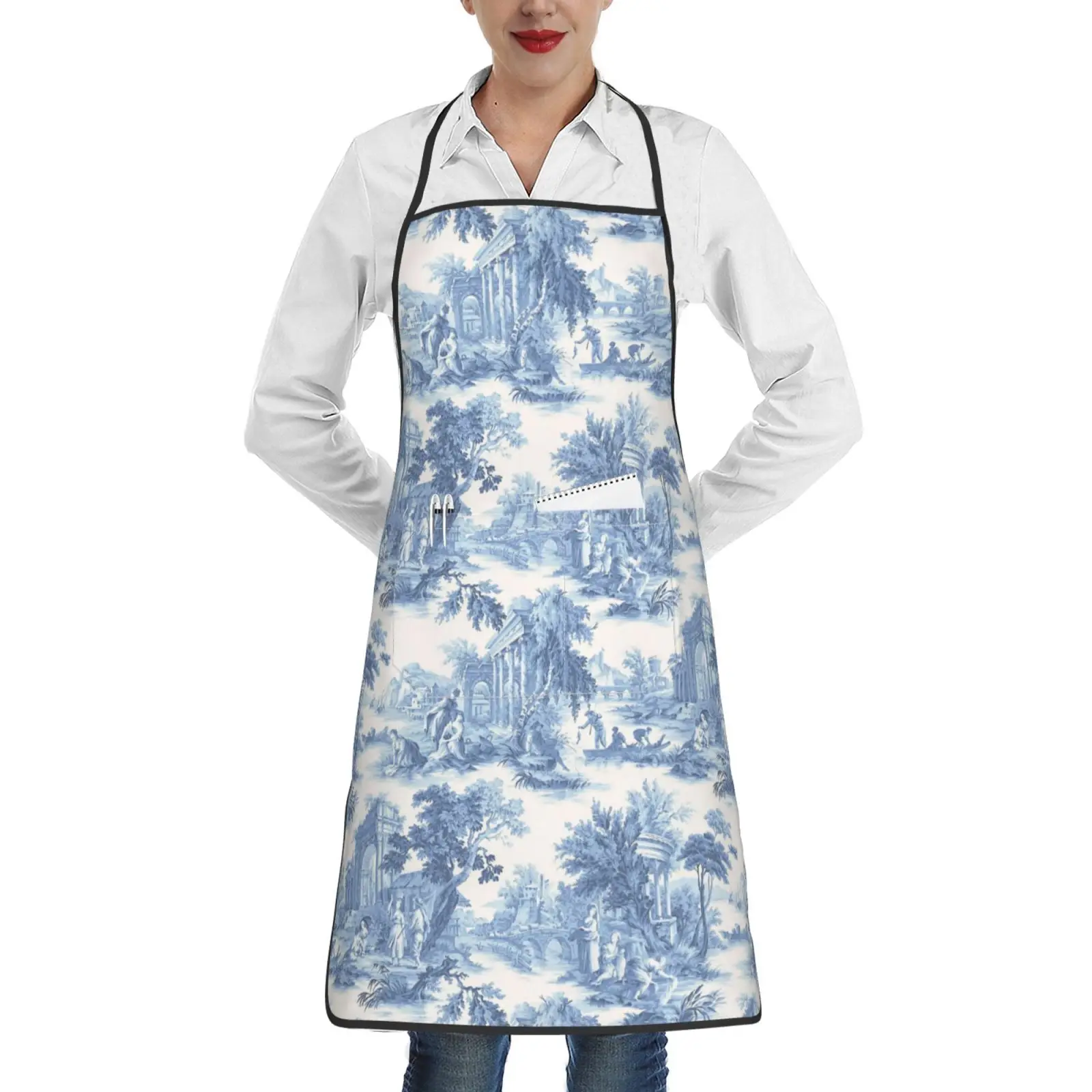 Toile De Jouy Pattern Aprons Women Men Adult Kitchen Chef Bib Tablier Cuisine Cooking Baking Gardening