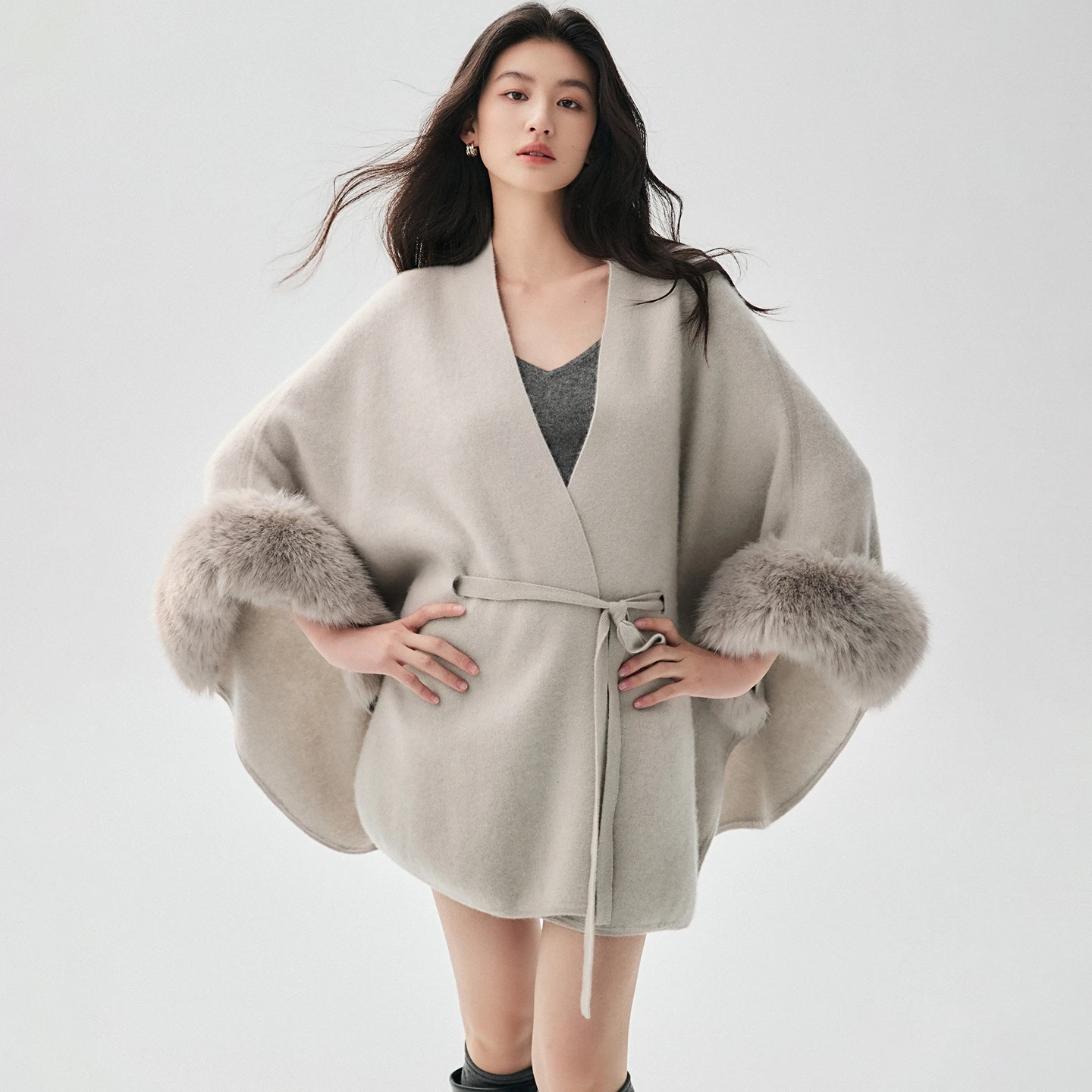 Nobility Women Coat Autumn Winter Poncho Cardigan 100% Cashmere Sweater Shawl Knit Luxury Drawstring Long Robe Fur Collar Cuffs