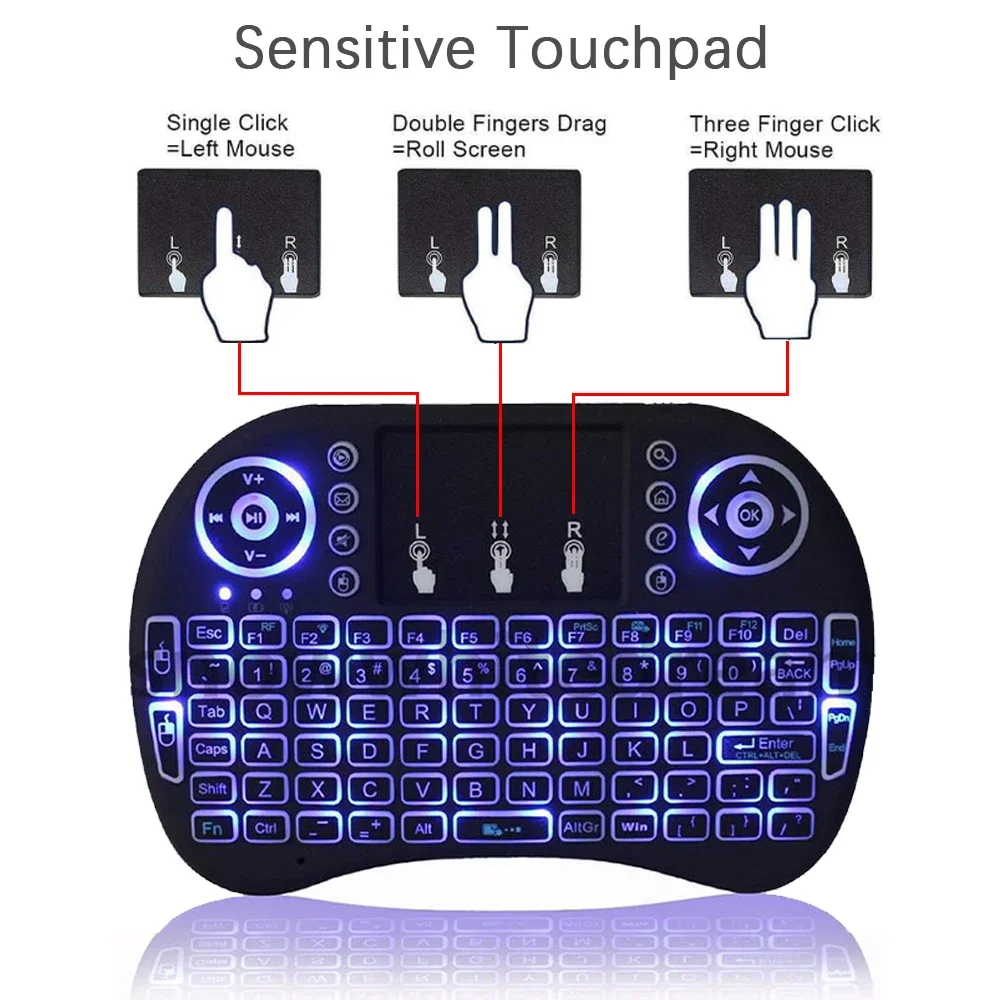 2.4G Air Remote Mini Keyboard, i8 – Dry Battery/Lithium Optional, 3-Color Backlit, Wireless Portable for PC/Smart TV