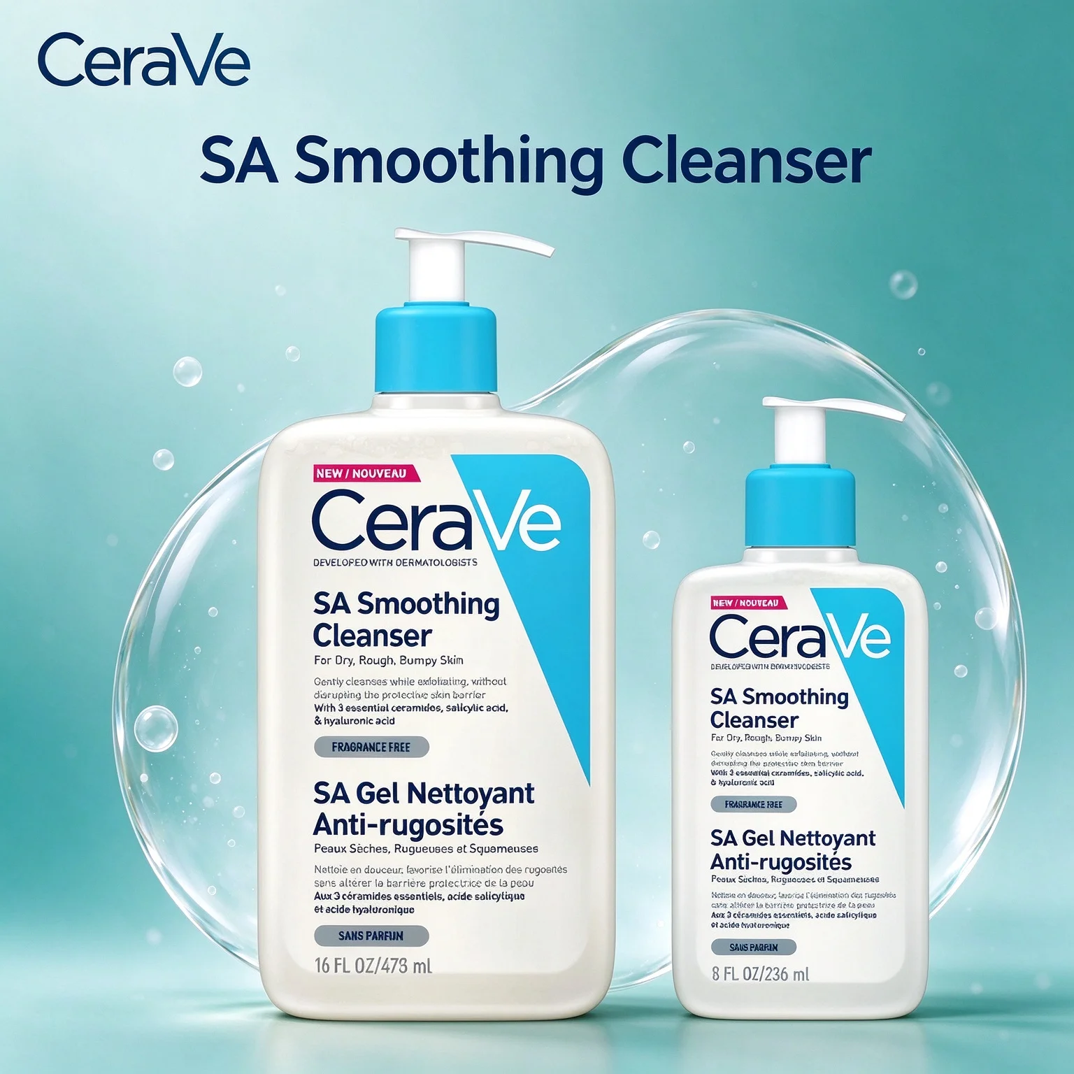 セラビー-sa-スムージング-クレンザー-8oz-16oz（236ml-473ml）：乾燥してザラザラした肌や、肌の凹凸を整える効果のある、顔と体用の洗顔料。