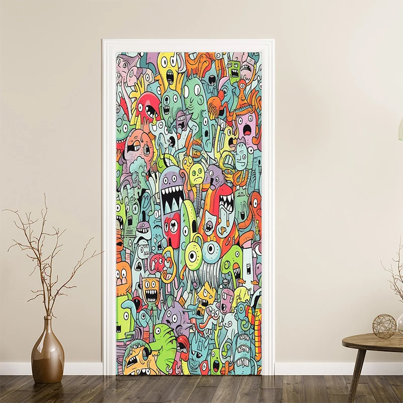 Vivid Color Doodle Monster Door Wrap Sticker Full Door Cover Decals Wallpaper Home Cabinets Waterproof Aesthetics Decoration