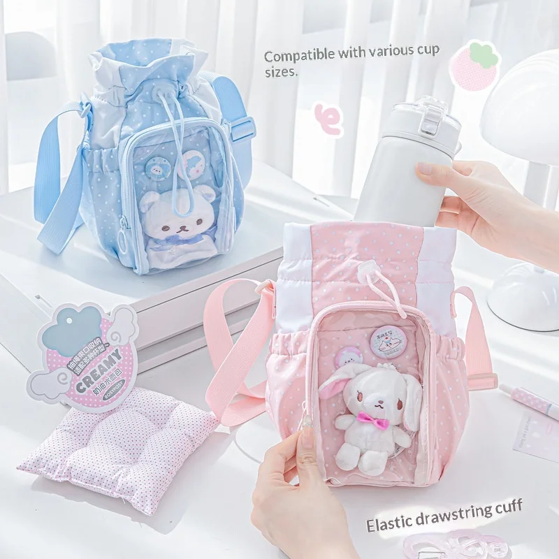 RosyPosy Korean Style Polka Dot Water Bottle Bag With Big Clear Window Portable Travel Doll Bag Fits Multiple Cup Types For Girl