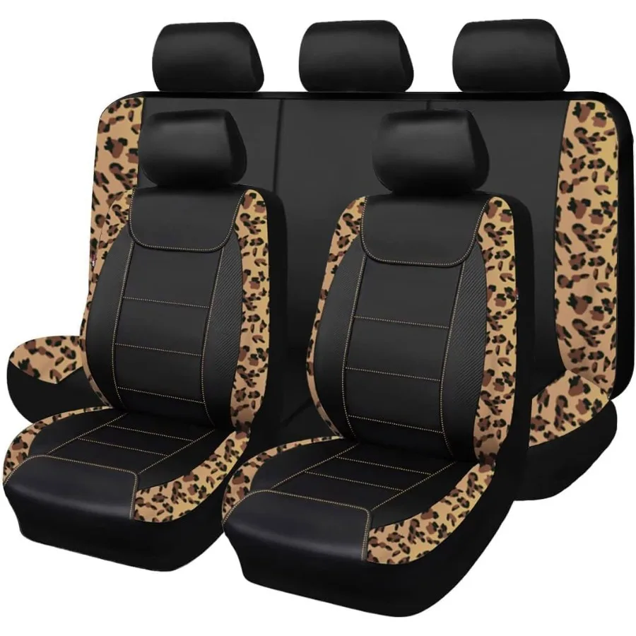 

Car Seat Covers for Front and Rear Bench with Leopard Printing Design in Velvet Faux Leather Material Carbon Fiber Texture Fini