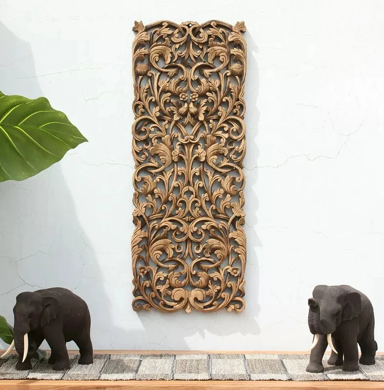 Teak carved hollow retro wall decoration Chinese neoclassical entrance foyer flower board decoration
