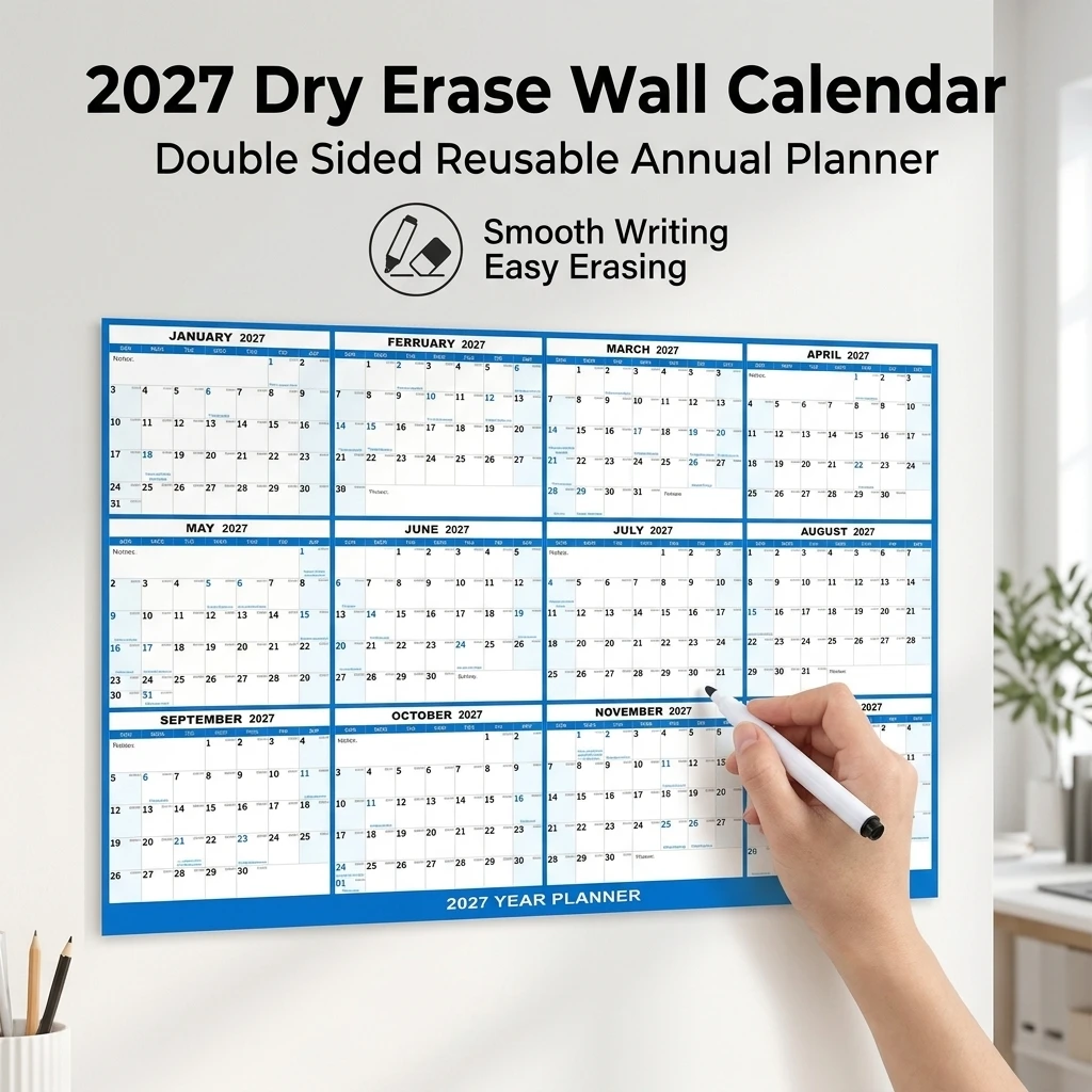 Wall Calendar Laminated Reusable Dry Erase Planner for Office Home Planning Foldable Double Sided Adhesive Large Organizer