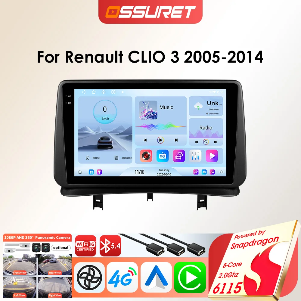 OSSURET Lettore autoradio Android per Renault CLIO 3 2005 - 2014 Carplay Auto 2DIN Multimediale intelligente per auto di Snapdragon 6115