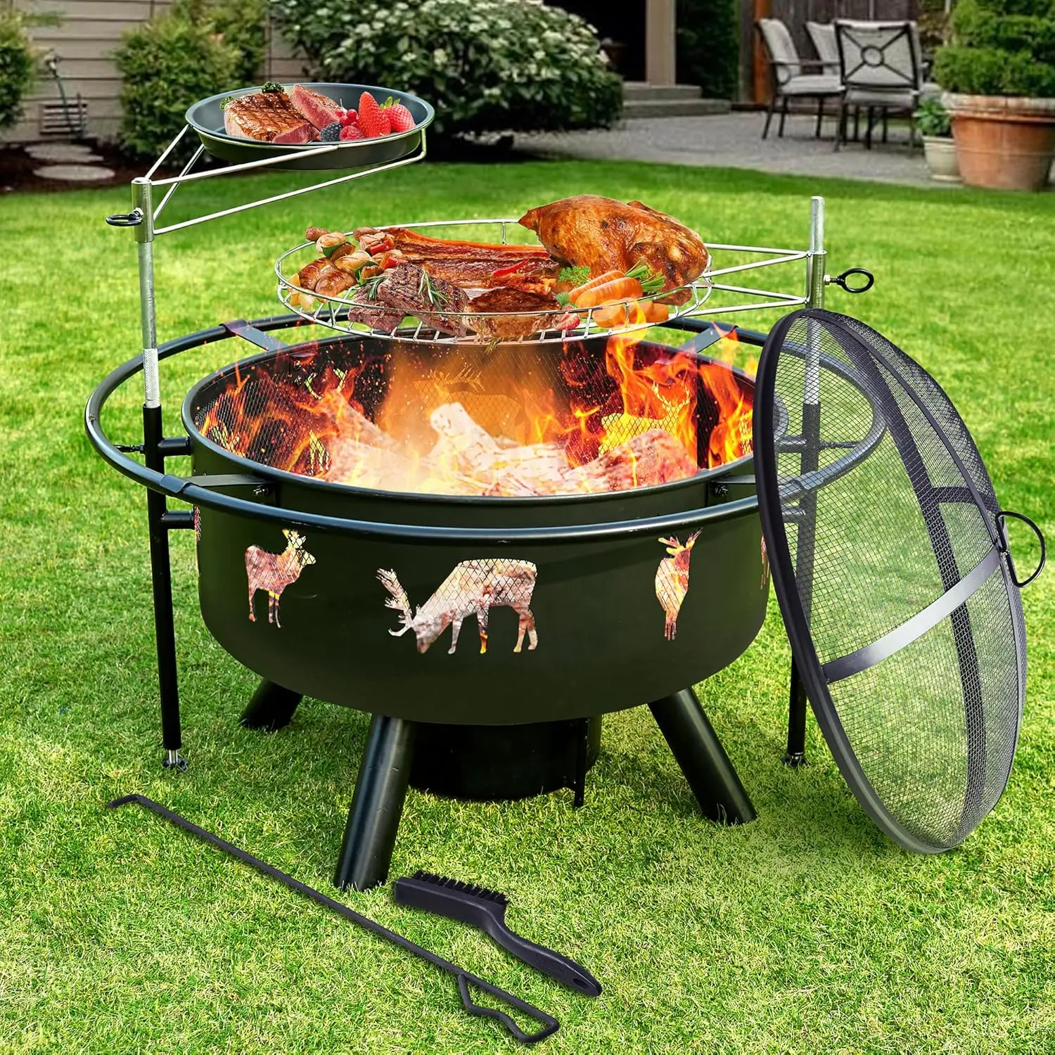 32 Inch Large Fire Pit with 2 Grills, Outdoor Wood Burning Fire Pit with Cooking Grate, Lid, Poker and Round Waterproof Cover