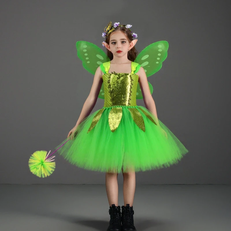 New Halloween Kids' Green Fairy Costume Girls' Magical Fairy Princess Dress Stage Party Costume Tinkerbell Performance Outfit