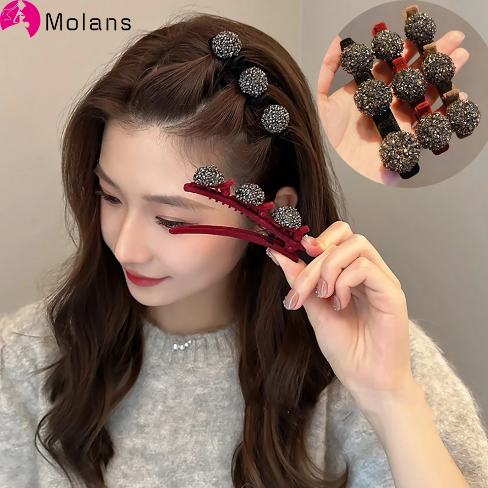 Molans Fashion Round Rhinestone Braided  Flocking Hairpin Hair Hoop Broken Hair Clip Women  Fixed Headband Lazy Hair Accessories