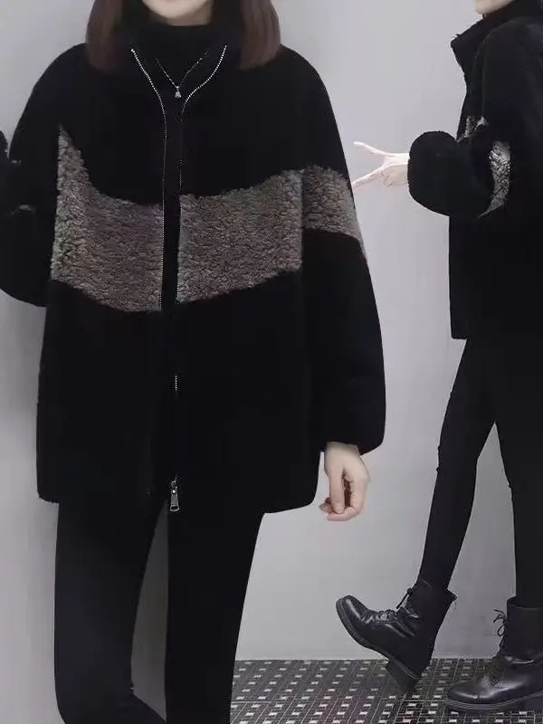 

Свободная женская куртка из искусственного меха ягненка с флисовой подкладкой, оверсайз, в стиле колор-блок, из полиэфирного волокна, с длинными рукавами, на молнии, для повседневной носки