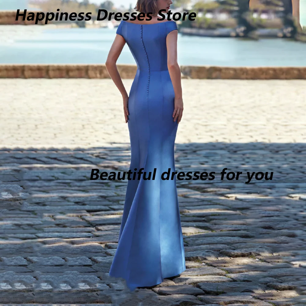 Customized Blue Off Shoulder Mother Of Bride Dresses Wrap V Beaded Floral Bow Sash Criss-cross Satin Wedding Guest Long Dress