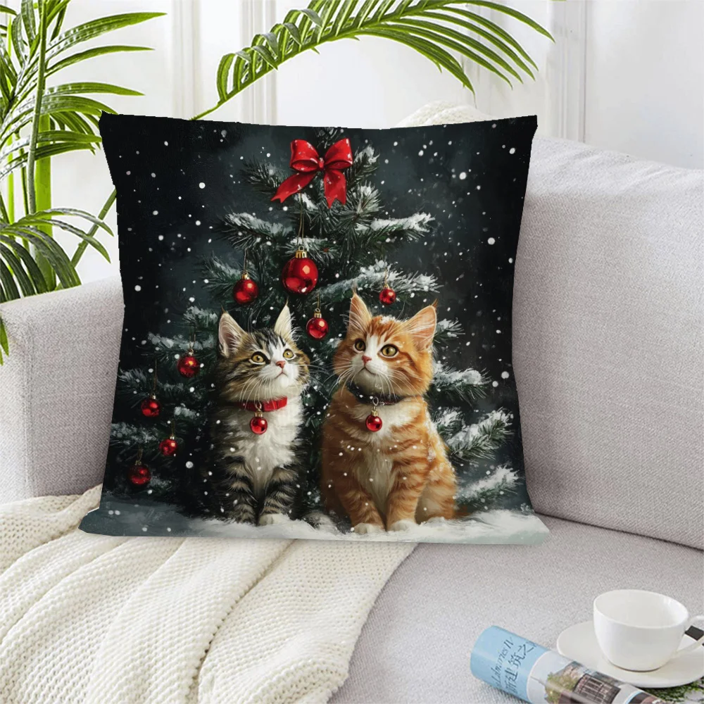 A Quirky Winter Christmas Cat Pillow Cover Featuring A Single-Sided Short Plush Design Measuring With A Festive