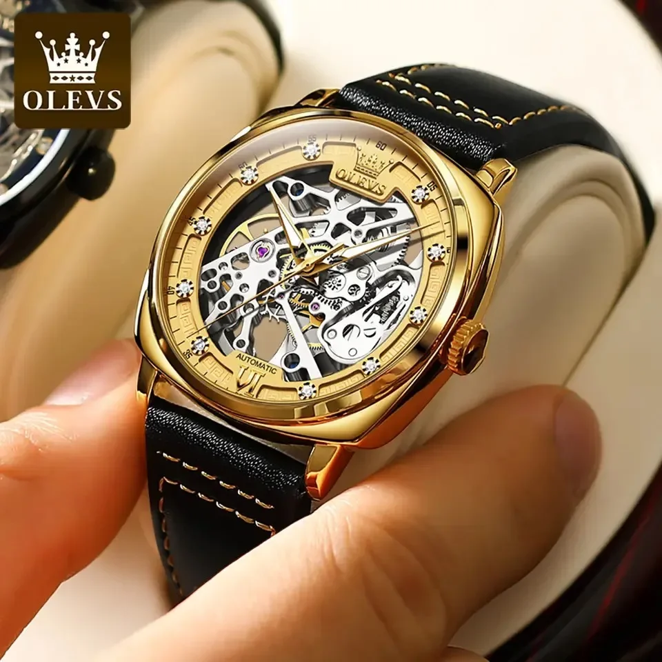 OLEVS-Reloj mecánico automático para Hombre, pulsera con correa de cuero, esfera de esqueleto, resistente al agua, luminosa, de negocios, a la moda