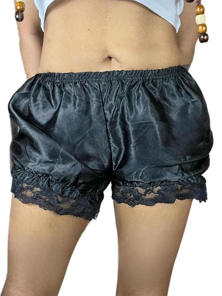 Women’s Lace Trim Shorts Elastic Mid Waist Solid Color Loose Bloomers Pajama Bottoms