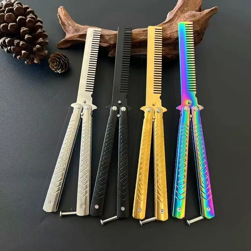 1Pcs Stainless Steel Practice Training Butterfly Knife Comb Beard Moustache Brushe Salon Hairdressing Styling Tool Foldable Comb