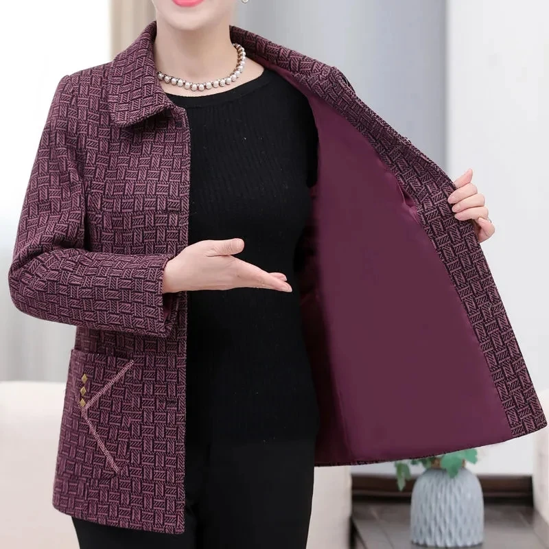 Middle-Aged Elderly Women\'s Short Coat Fashion Lining Plaid Jacket New Spring Autumn Grandma Casual Outerwear Loose Female Tops