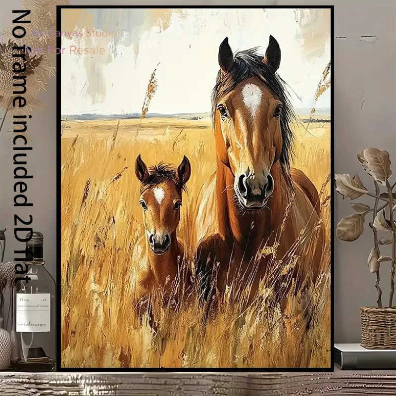 2D Flat, 1pc Vertical Frameless Canvas Painting - Mother Mare & Foal Horse, Minimalist Suitable for,,, Natural Harmony Horse-