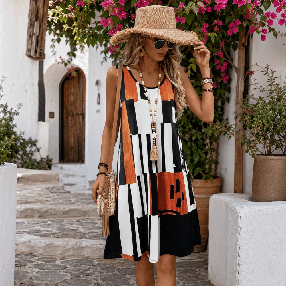 Breathable Round Neck Floral Print Dress Summer Sleeveless Vacation Style Dress Loose Fit Casual Beach Sundress Party Dress
