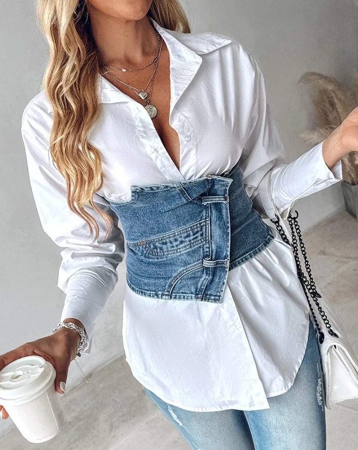 Fashionable and Handsome Girl's Color Blocking Shoulder Bump Denim Patch Casual Lapel Long Sleeved Tight Fitting Shirt