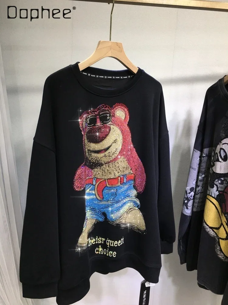 European Good Heavy Industry Hot Diamond Sweatshirts Female Cute Bear Round Neck Loose Black Long-sleeved Top Autumn and Winter