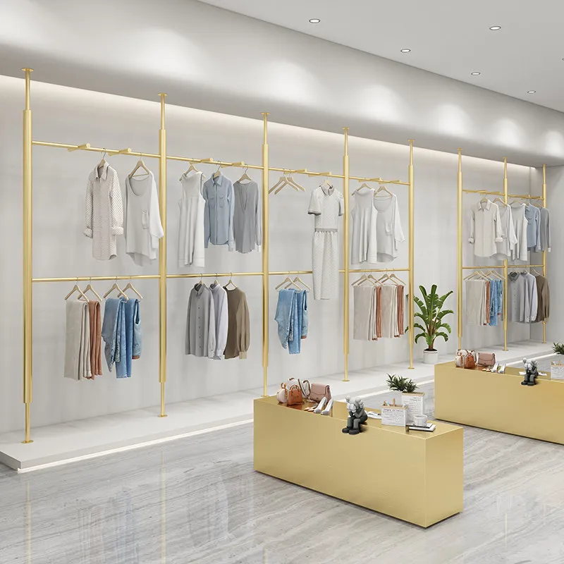 

Стеллаж для демонстрации одежды из нержавеющей стали, настенная колонна для магазина мужской и женской одежды, двухуровневая подвесная полка для демонстрации.