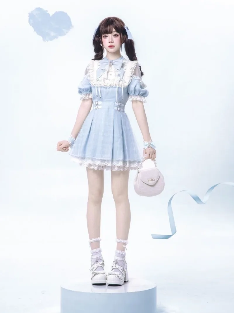 Lolita Dress 2025 New Sky Blue Checkered Landmine Series Japanese Subculture Short Sleeved Dresses Set Summer Y2k Women Clothing