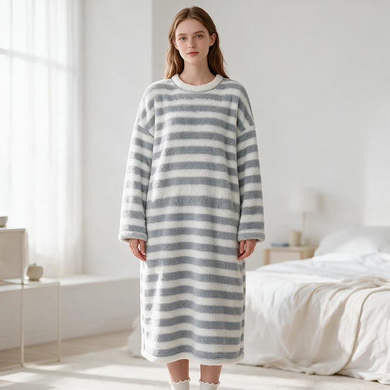 Autumn and Winter Coral Fleece Pajamas Women's Striped Princess Style Sleepwear Homewear Thick Warm Medium Length Nightwear