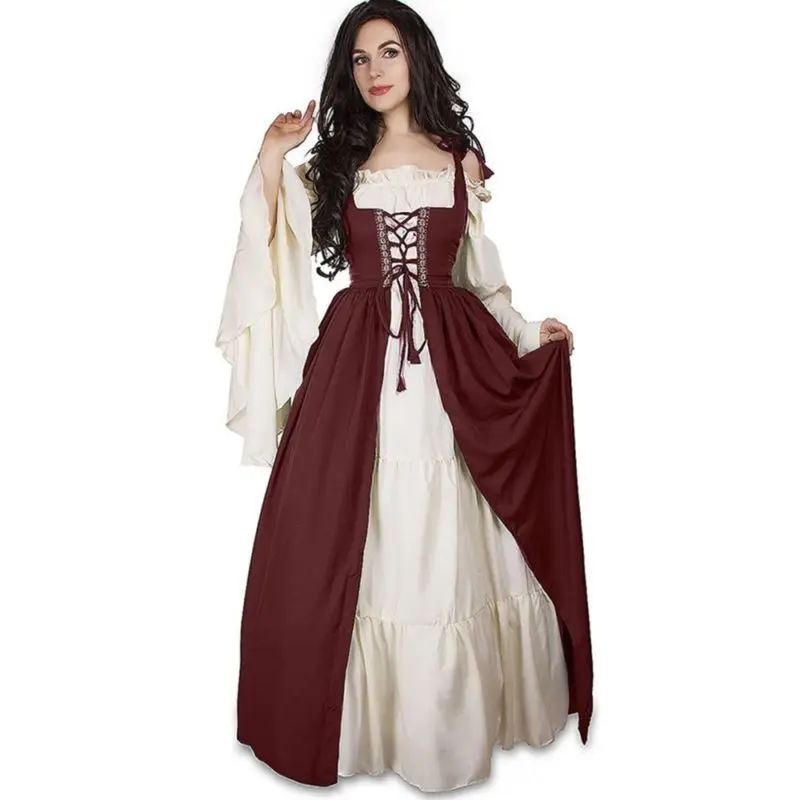 Halloween Vintage Waist-Cinched Bundle Neck Square Collar Dress Medieval Renaissance Costume Women's Ethnic Stage Clothing