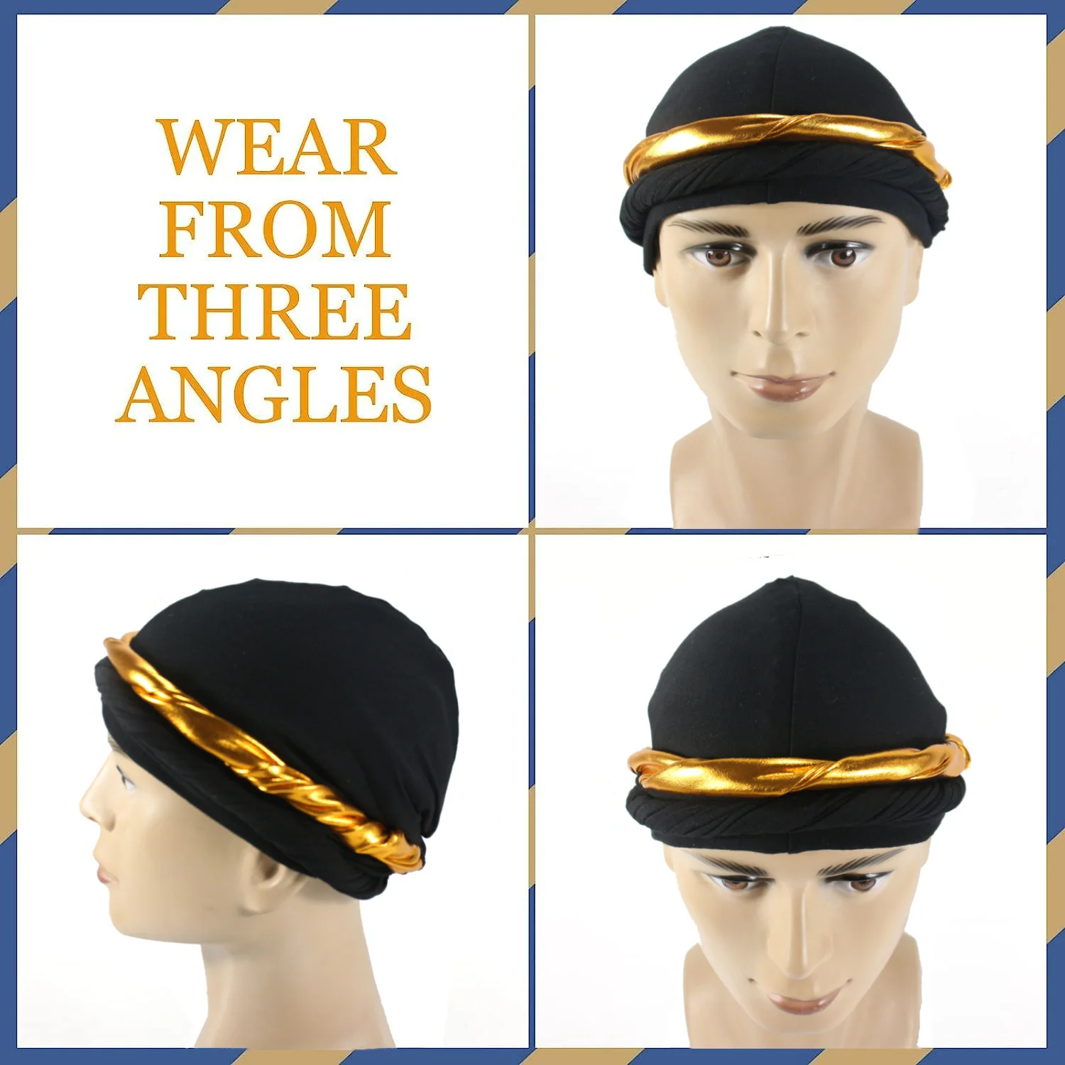 BlackGold Twisted Tail Hat Men\'s Satin Lined Headband Hat Patchwork Hip-hop Braided Hat Bandana Hiking Black Scarf