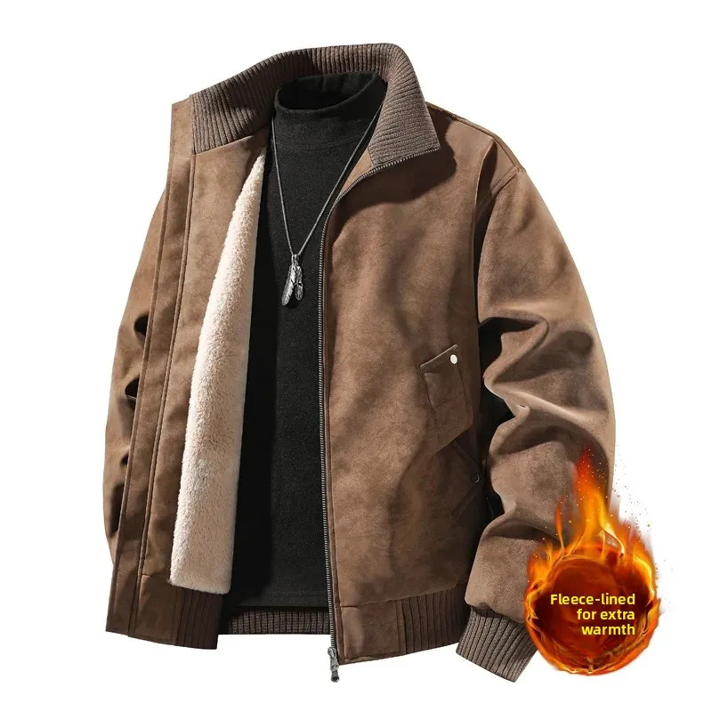 New Autumn Winter Fleece‑Lined Jacket for Men Solid Color Loose PU Leather Coat Plus Size Simple High‑Grade Men's Outerwear Tops