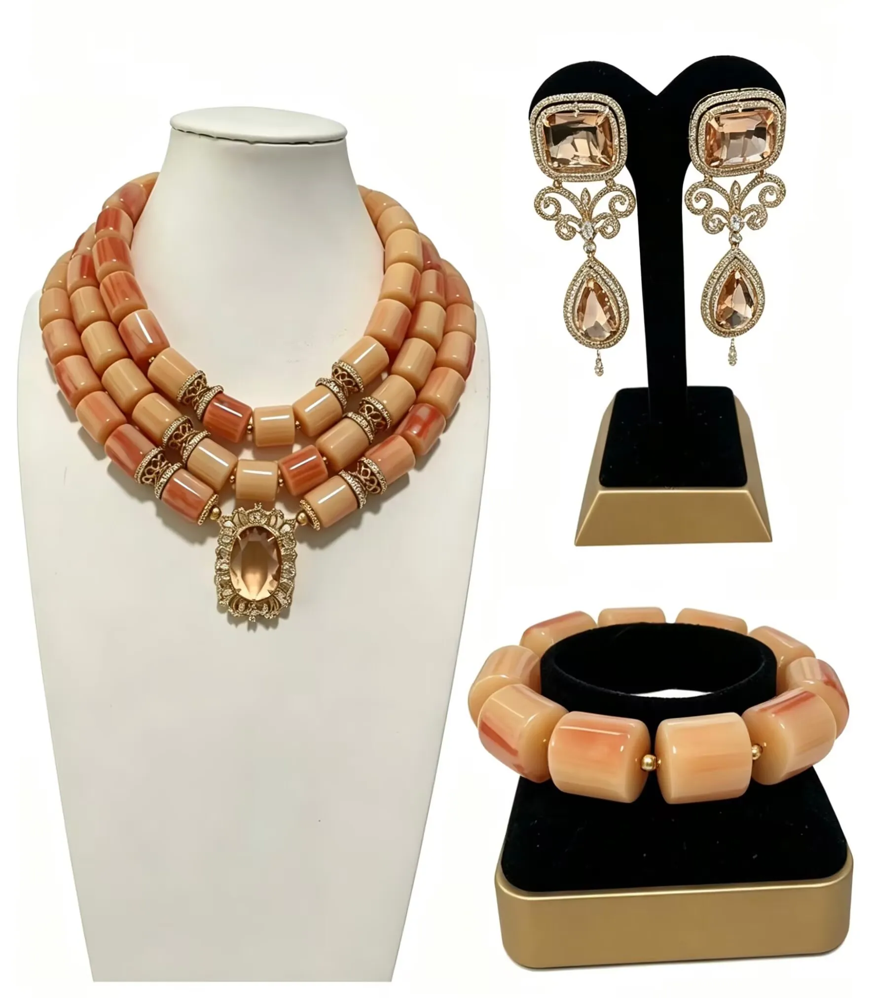 3Pcs Coral Beads Jewelry Set Nigerian Wedding Bridal Gold Plated African Jewelry for Black Women