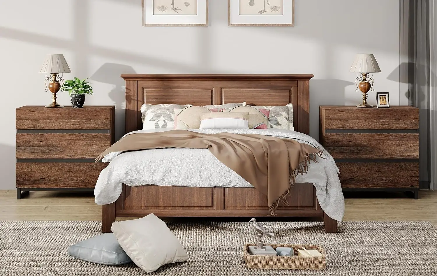 3-Drawer Nightstand Black Metal Legs Rustic Wood Bedroom Brown, Customized
