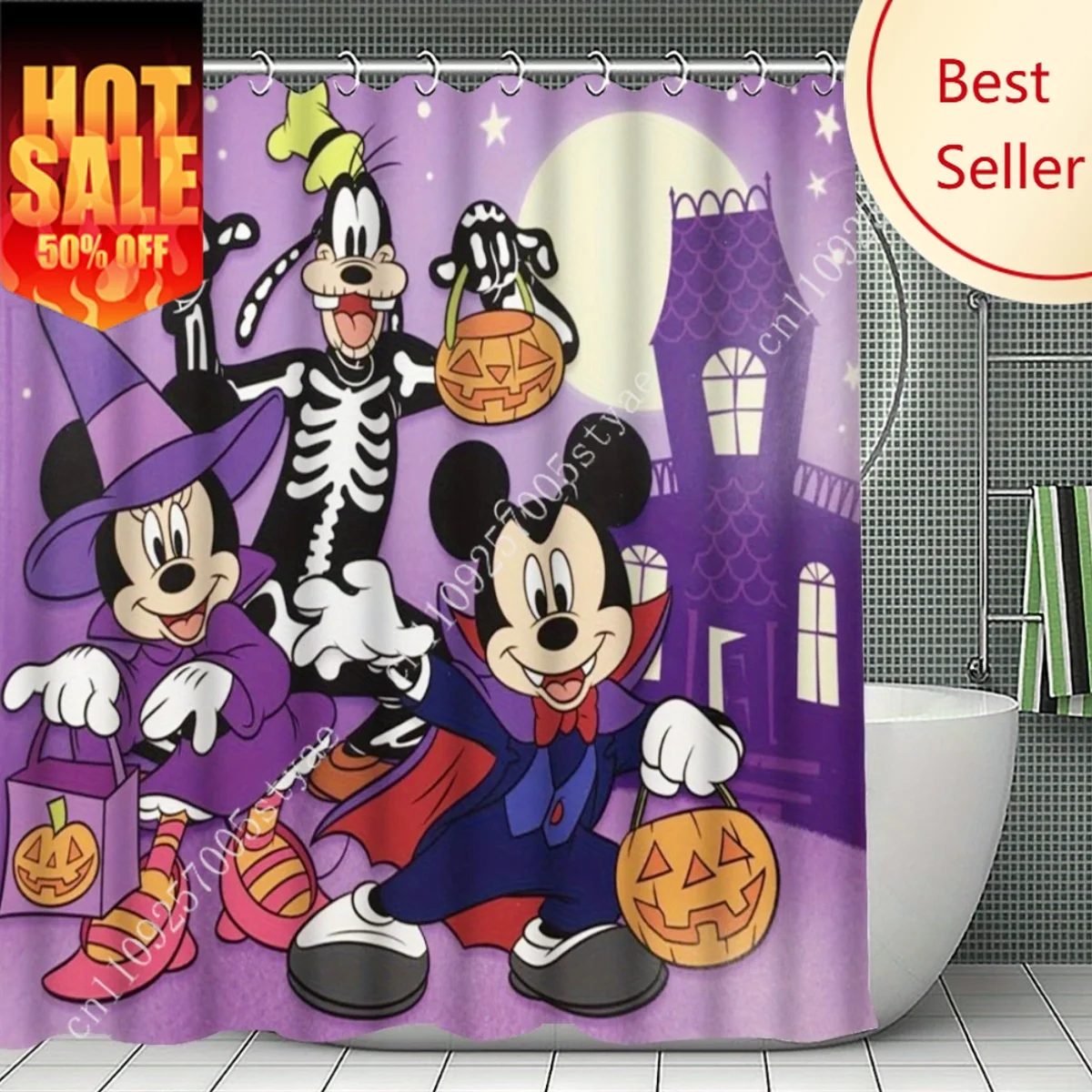 

Mickey Goofy Skeleton Minnie Witch Halloween Shower Curtain Set Disney Cartoon Decoration Gifts Floor Mats Toilet Seat Cover 4PC