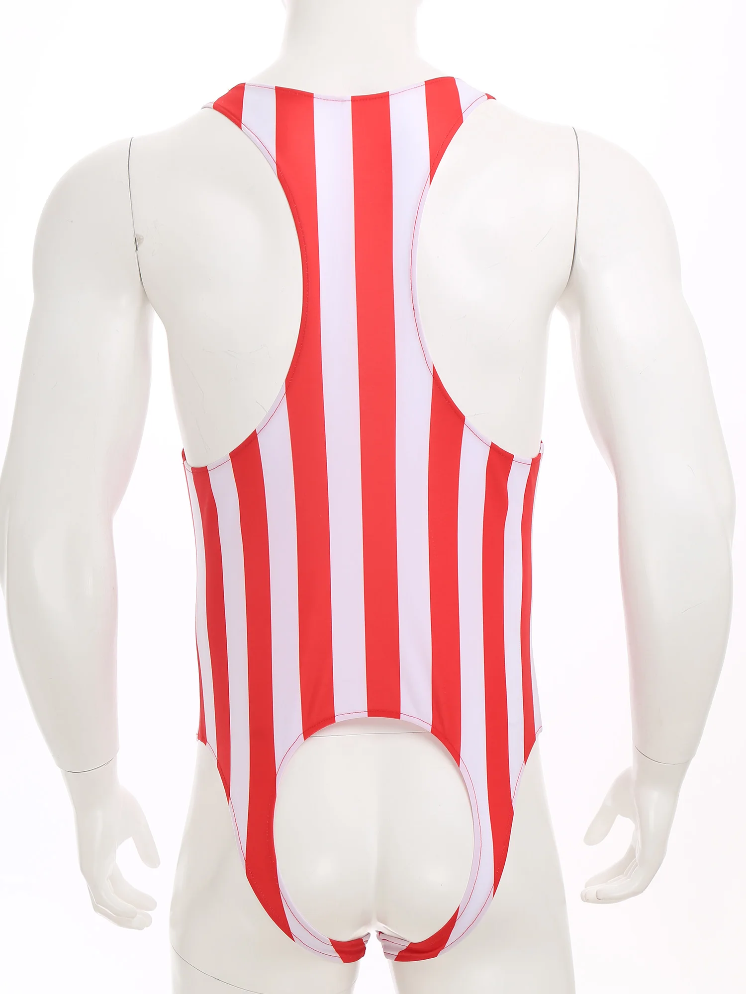

Mens Sexy Striped Sleeveless Open Crotch Leotard Round Neck Racerback High Cut Bodysuit Tempting Nightwear Wrestling Singlet