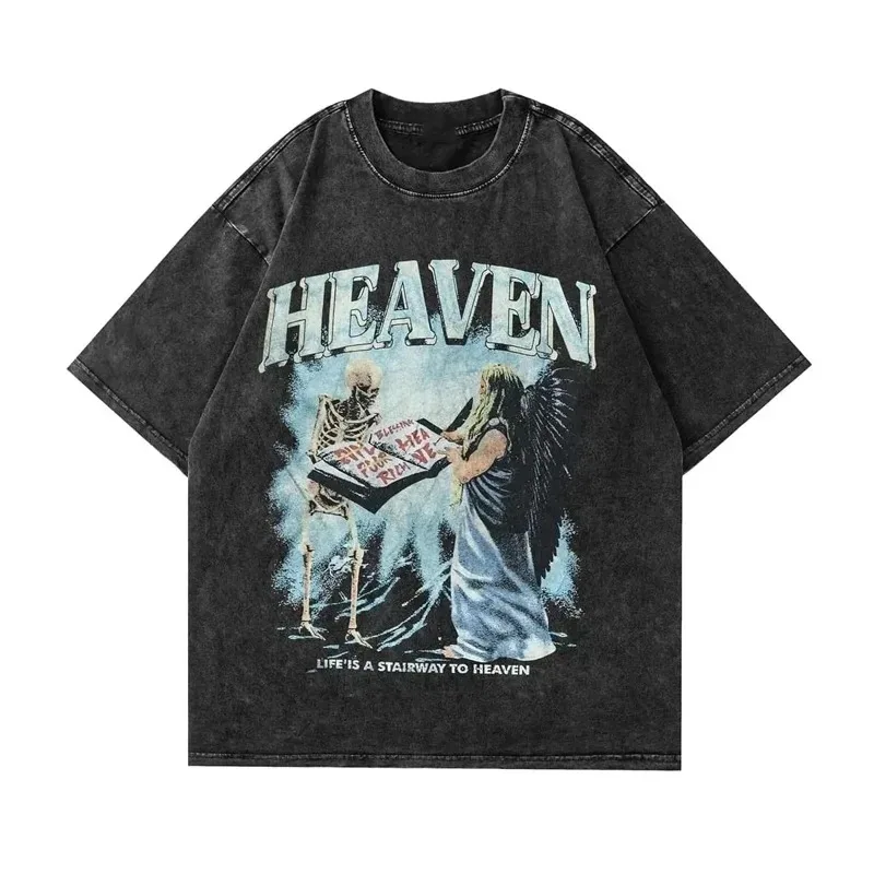 Summer Men Vintage Washed T-Shirts Anime Gothic Streetwear Punk Unisex Short Sleeve Tops Tee Y2k Oversized T-Shirt Clothing