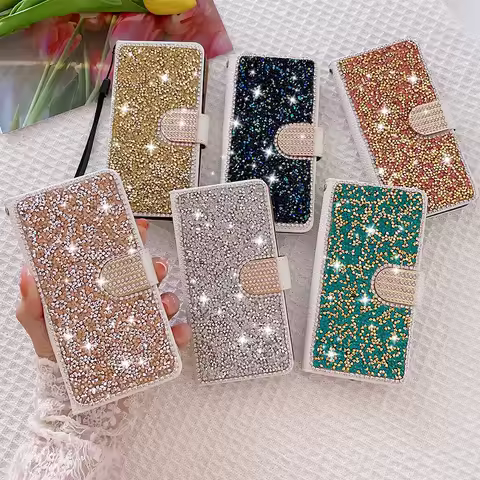 Glitter Luxury Glow Cover Leather Case For Samsung Galaxy A15 A16 A06 A34 A35 A54 A55 S25 Ultra S24 FE S23 S22 S21 S20 Plus