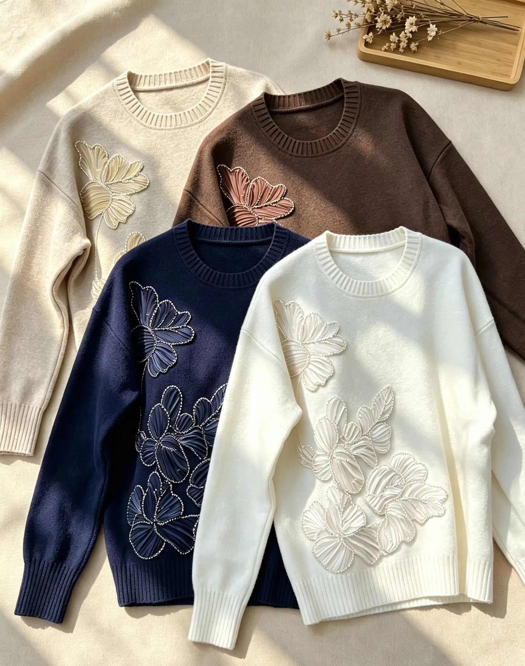 Women Vintage  Embroidery Knitted Pullover Round Neck Long Sleeve Beaded Decor Loose Multi Color Fall Winter Warm Sweater Tops