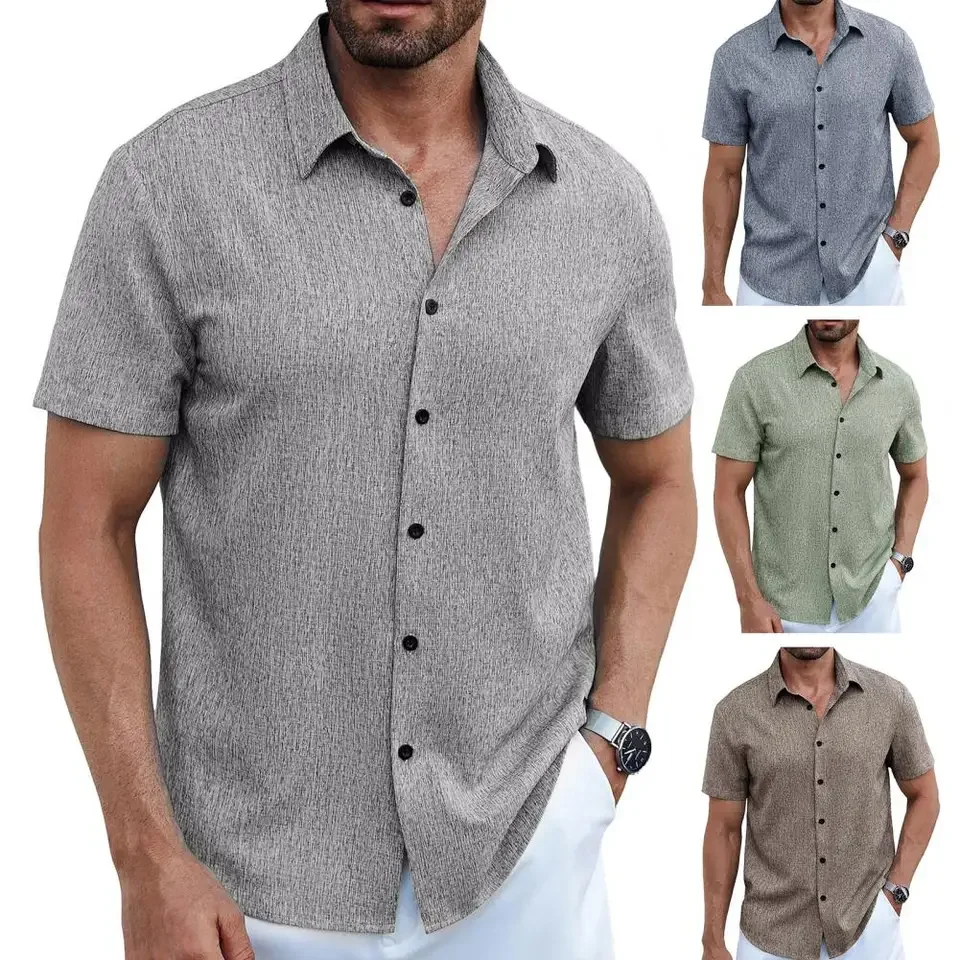 2026 Men's Shirt Hawaiian Shirt Solid Color Shirt Short-sleeved Outdoor Vacation Casual Wear Loose Fit S-2xl Soft Button-up