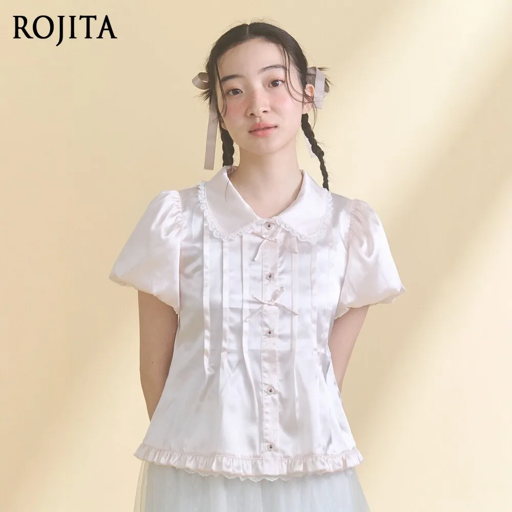Japanese Style Sweet Vintage Glossy Satin Bow Girly Style Shirt Peter Pan Collar Bubble Short Sleeve Sweet Lolita Blouse Women