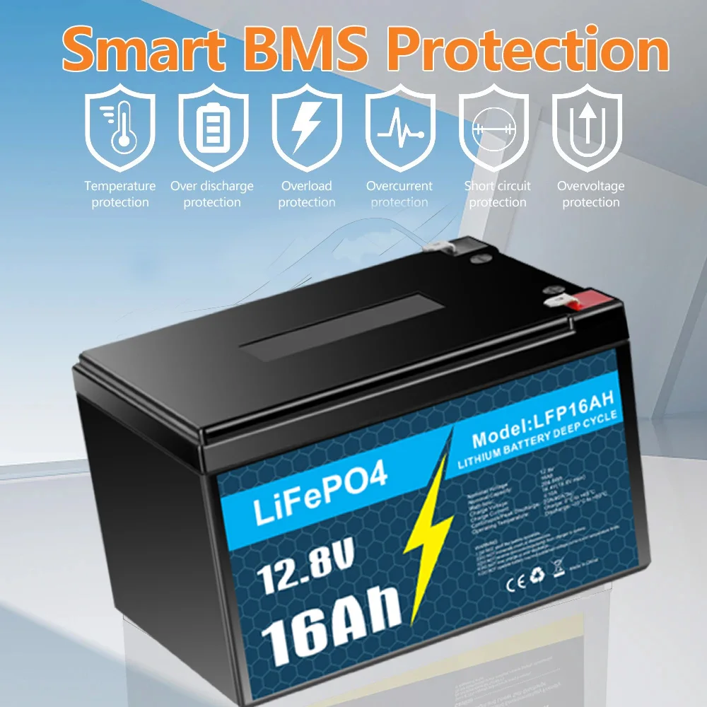 

12V 16Ah Lithium LiFePO4 Battery, Built-in 16A BMS, for RV Solar Marine