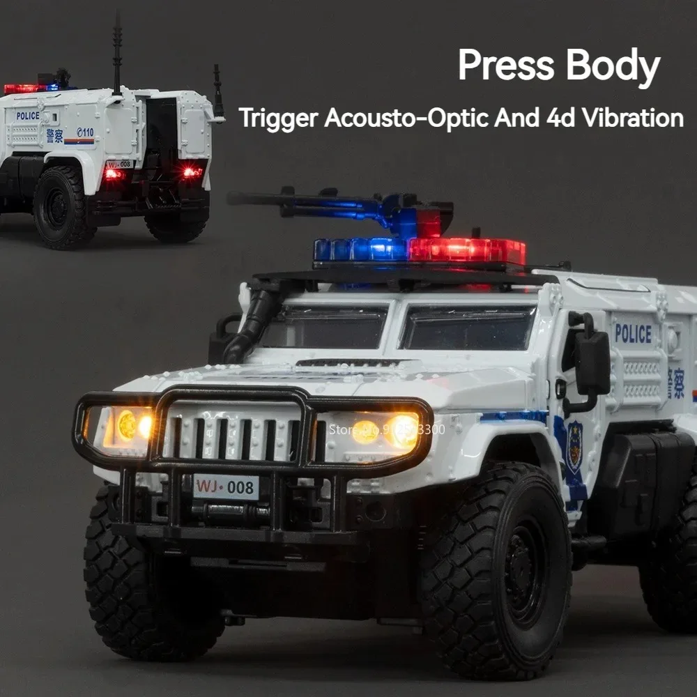 

1:32 Scale SWAT Armored Car Model Toy 4D Engine Shock Absorption Pull Back Metal Diecast Vehicle Models Sound Light Gift for Kid