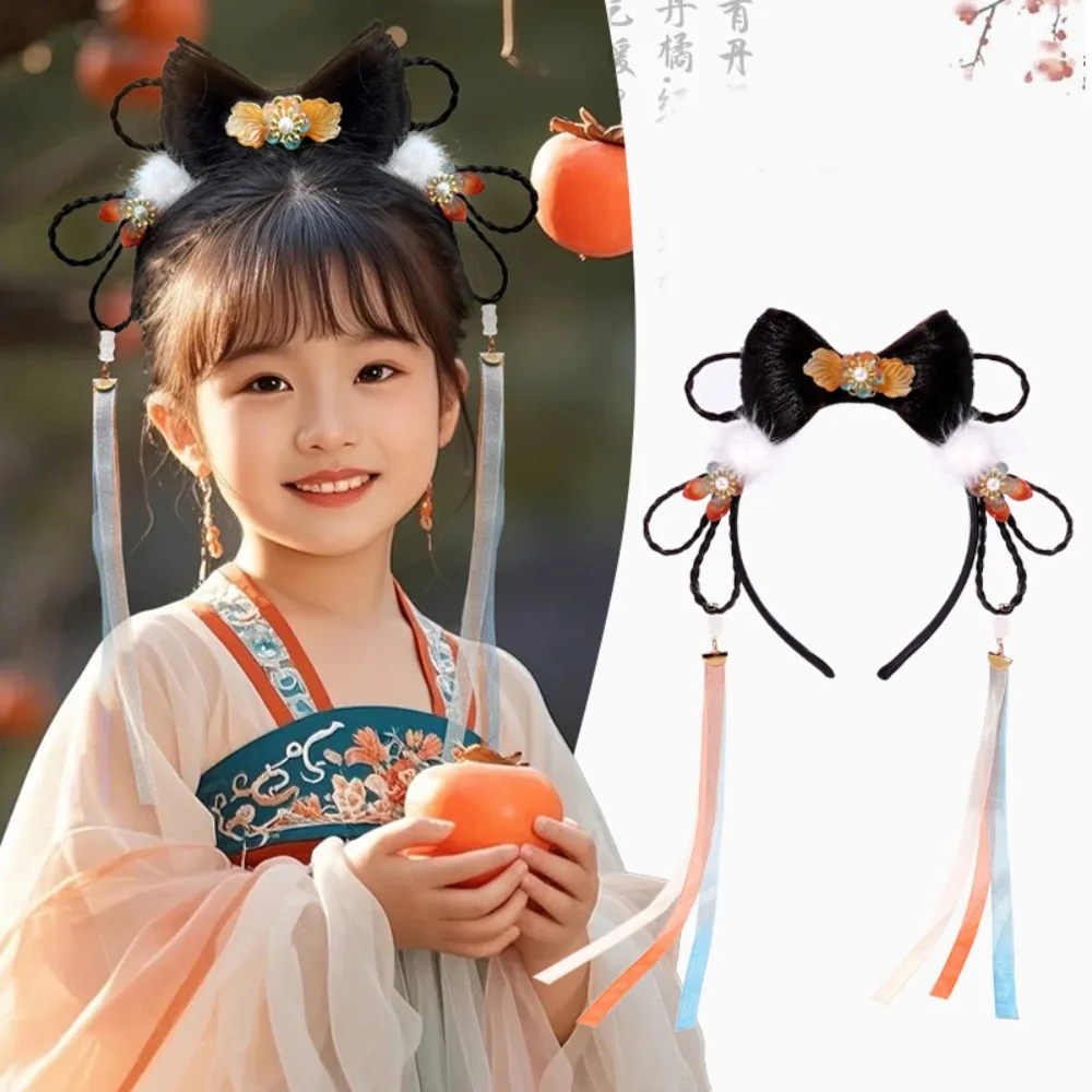 

Flower Children Wig Headband Tassel Tang Suit Hair Hoop Hanfu Hair Sticks Ancient Style Girl Hair Accessories Red Bow Hairband