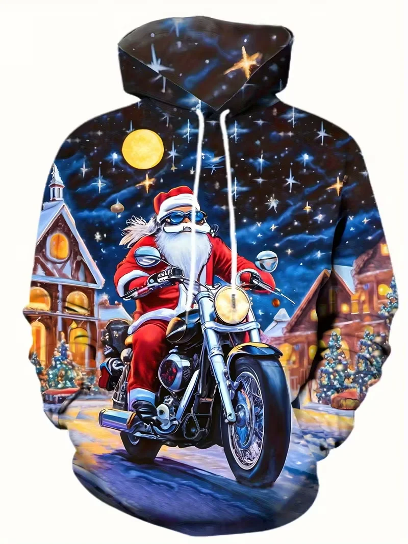 

Merry Christmas Men's Hooded Sweatshirt Funny Santa Claus Riding Motorcycle Hoodies New In Xmas Snowman Hoody Sport Tracksuit