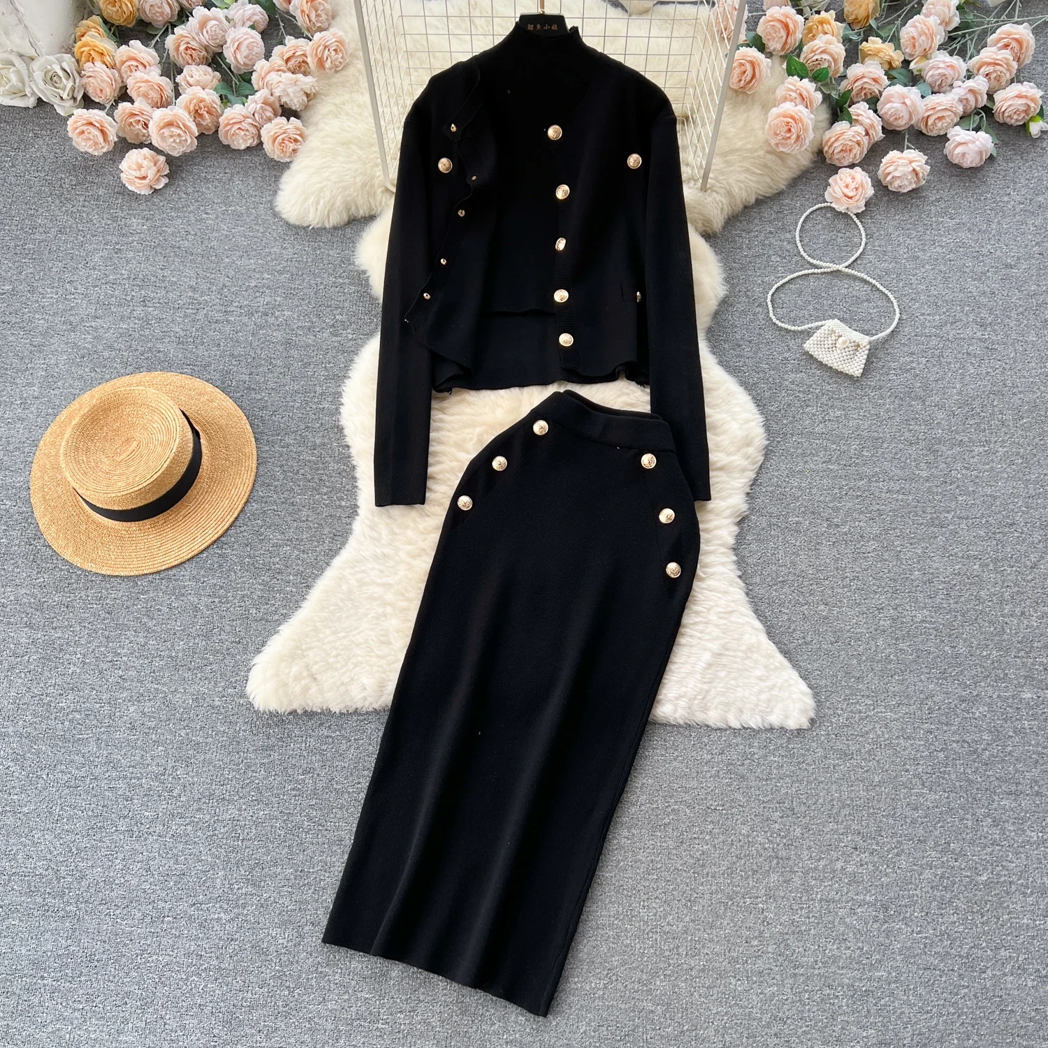 Chic Knit Three-piece Sets Sleeveless Straps Vest Loose Button Coat Vintage Basics Pencil Skirt Autumn Winter Women Clothing