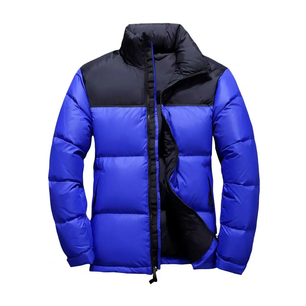 Cotton Padded Jacket Men's Cotton Coat with Stand Collar Patchwork Color Design Windproof Cuffs Stylish Long Sleeve Outwear